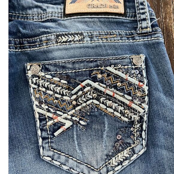 Grace in LA Blue Boot Cut Jeans with Embellished Pocket low rise EUC - Picture 1 of 13